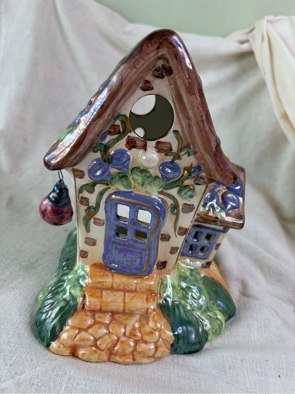 Ceramic Cottage Birdhouse Sculpture - Blue & Brown
